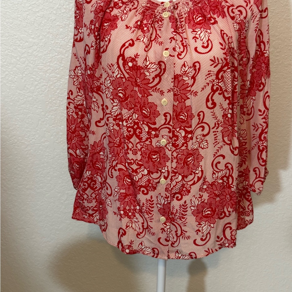 Sundance Red and White Graphic Blouse with Mandarin Collar  (B4)